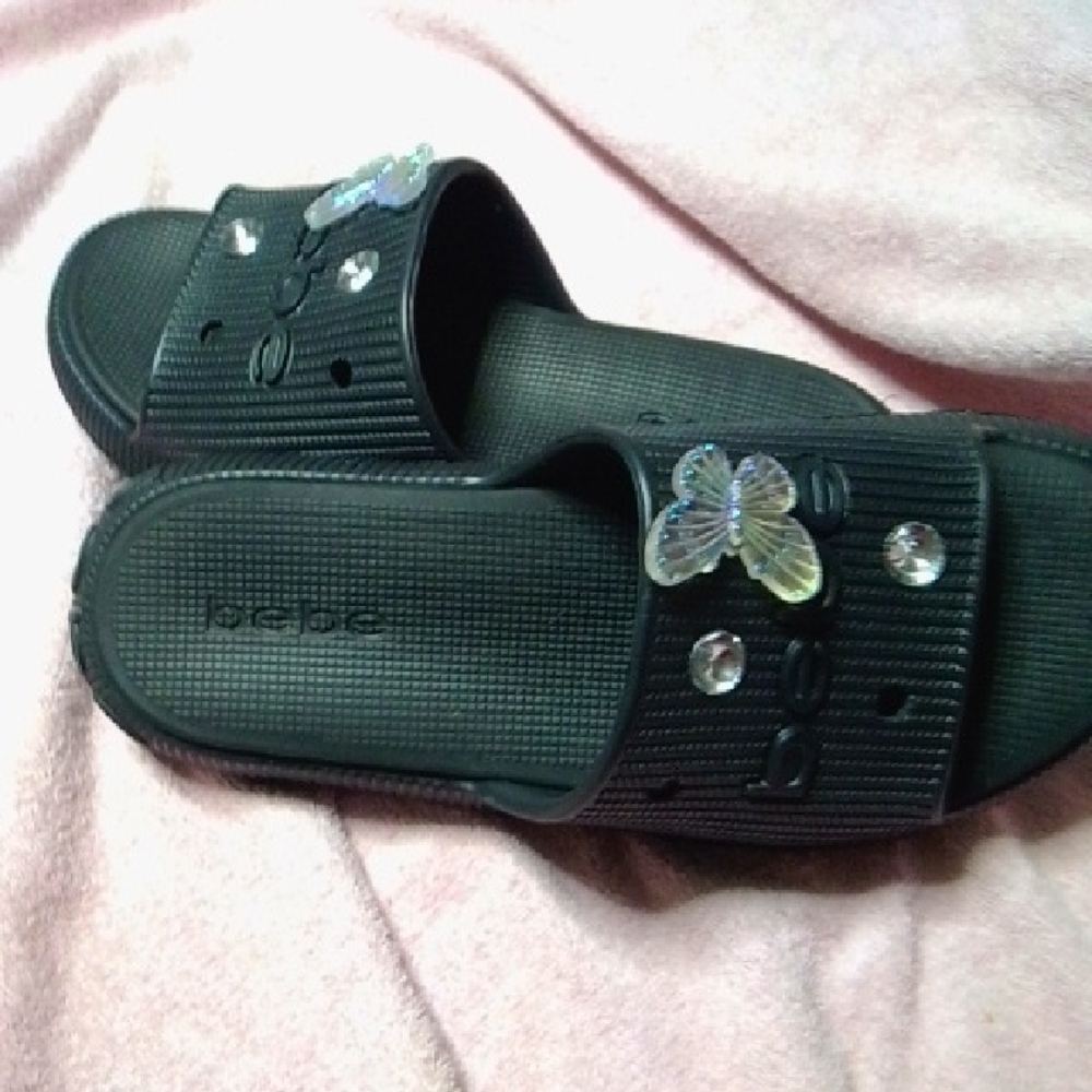 Bebe Black Slide Sandals with Butterfly Accent